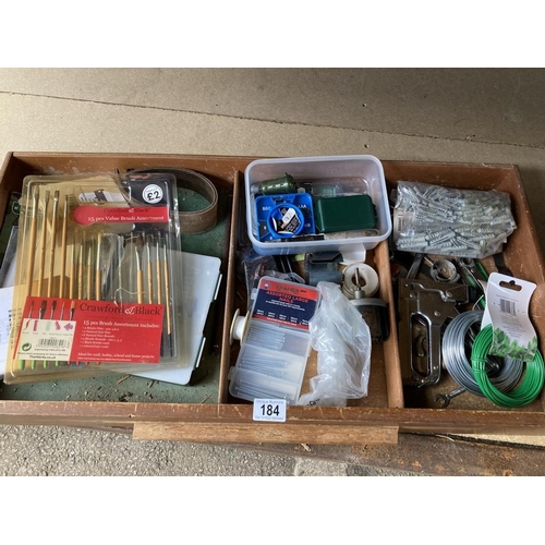 184 - A tray of workshop sundries & artist paint brushes