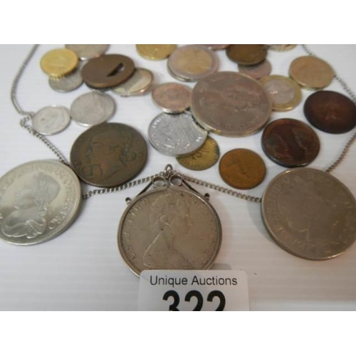 322 - A mixed lot of coins including £5 coin and six euro note etc.,