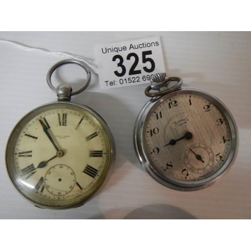 325 - Two old gent;'s pocket watches (working but need attention) together with two pocket watch cases.