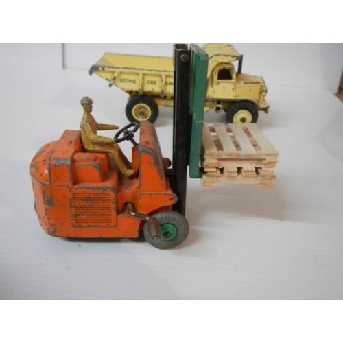 327 - A Dinky Lorry, Dinky Tanker and Dinky Fork Lift Truck.