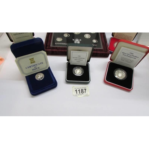 1187 - A 1992/93 silver proof 50p, A 1996 Anniversary collectio, A 1977 silver coin, Silver Isle of Man £1 ... 