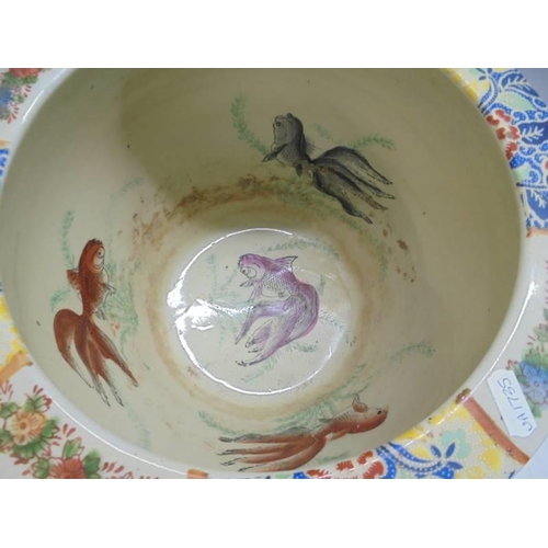 1229 - A hand painted Chinese 'fish' bowl, 24 cm deep x 32 cm diameter.