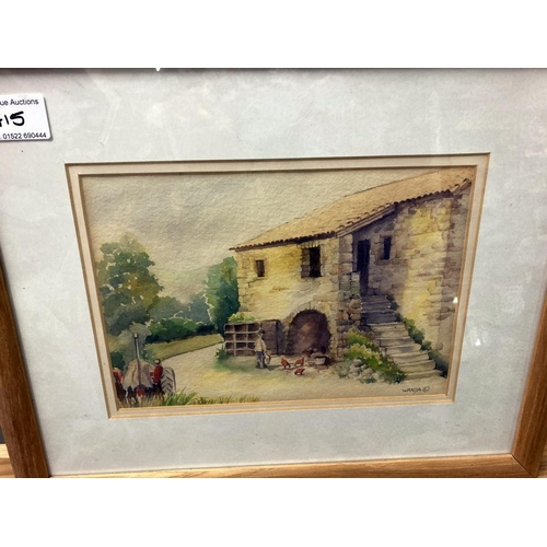 415 - 5 Watercolours depicting building, Centre picture of thatched barn A/F