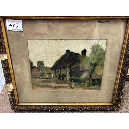 415 - 5 Watercolours depicting building, Centre picture of thatched barn A/F