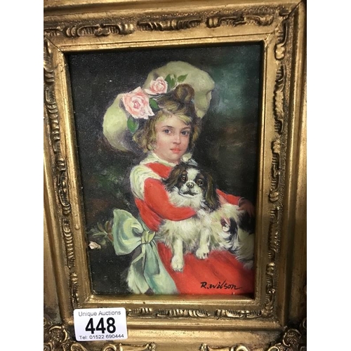 448 - An oil on board of girl with a dog