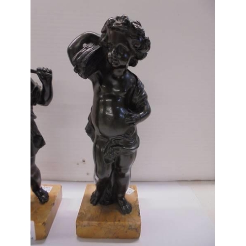 1290 - A pair of bronze 'Wheatsheaf' cherubs on bases, 20cm tall.