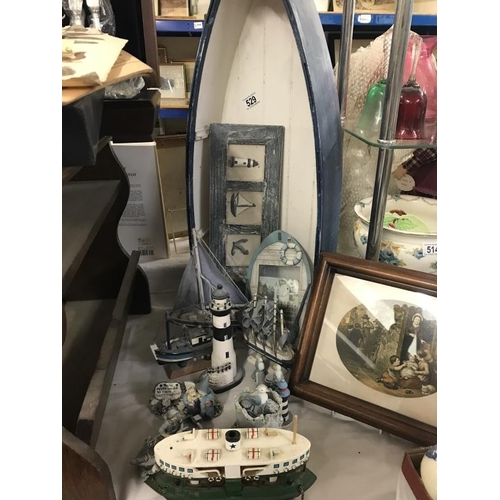 529 - Blue and white nautical themed items including boat and lighthouse