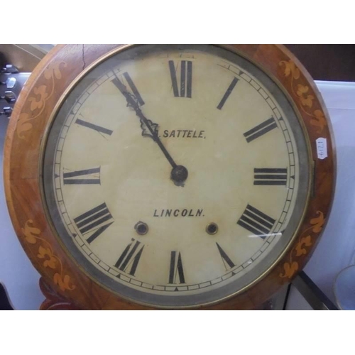 1407 - A mahogany inlaid drop dial wall clock marked A Sattele, Lincoln, A/F. COLLECT ONLY.