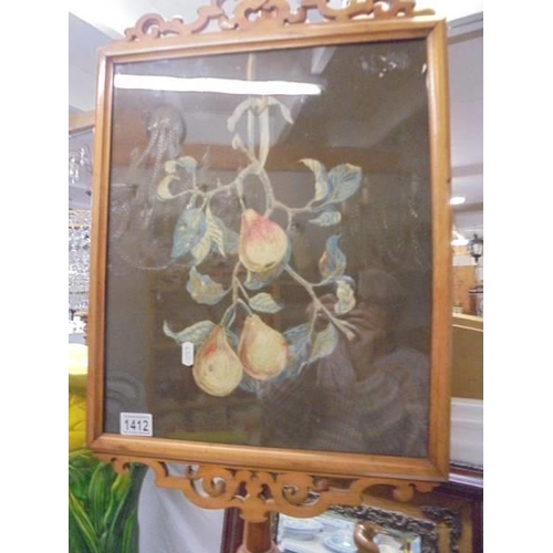 1412 - A 19th century mahogany pole screen on barley twist support with fruit embroidered panel. COLLECT ON... 