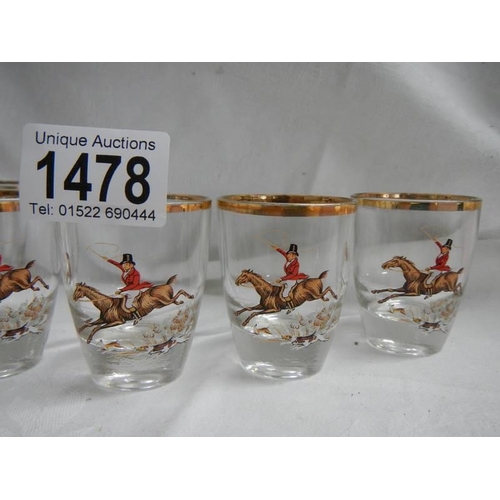 1478 - A set of six mid 20th century toddy glasses featuring horses with riders.