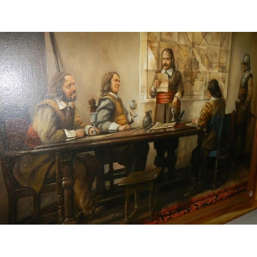 1595 - A framed oil on canvas Cromwellian scene signed Steve Smith '78. COLLECT ONLY.