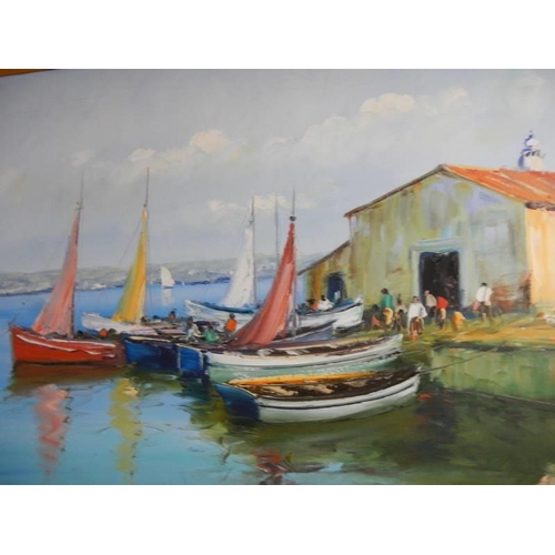 1611 - An oil on canvas harbour scene signed but indistinct. COLLECT ONLY.