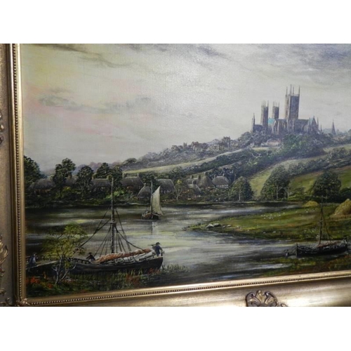 1612 - A gilt framed oil on canvas rural scene with cathedral in backgroung signed D M Everit, COLLECT ONLY... 