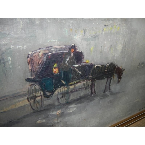 1618 - A 20th century oil on board study of a hansom cab in front of St. Paul's cathedral signed Charles A ... 