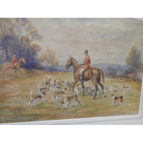 1619 - A framed and glazed hunting scene watercolour signed J Allen, COLLECT ONLY.