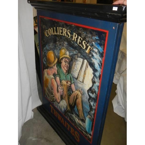 1763 - A double sided hand painted and signed Thwaites Brewery pictorial pub sign 'Colliers Rest', both sid... 