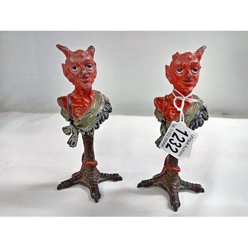 1232 - A pair of Austrian Devil candlesticks (one horn on each devil is missing or damaged).