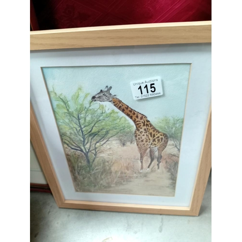 115 - A framed & glazed watercolour & mixed media including a Siamese cat, Swans, Giraffe etc