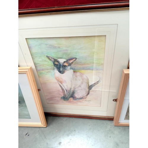 115 - A framed & glazed watercolour & mixed media including a Siamese cat, Swans, Giraffe etc