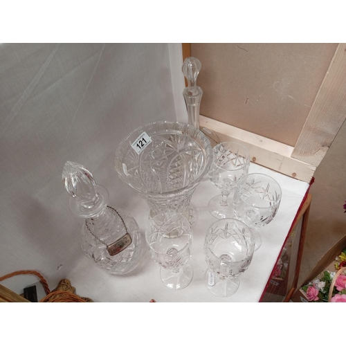 121 - 2 Decanters, large vase & set of 4 wine glasses