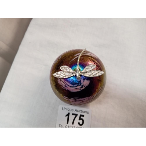 175 - An irridescent paperweight by K. Heaton with silver dragon fly, signed. Height 4.5cm Diameter 6cm