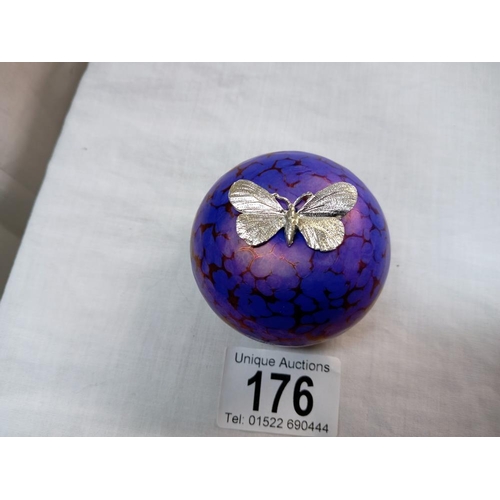 176 - An irridescent paperweight with silver butterfly by K. Heaton, signed, Height 4.5cm Diameter 6cm