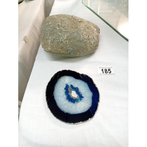 185 - An agate geode. Height 11cm, Width at base 14cm & An agate geode slice