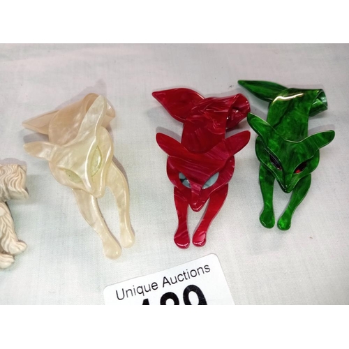 189 - 3 Celluloid fox brooches & 1 other