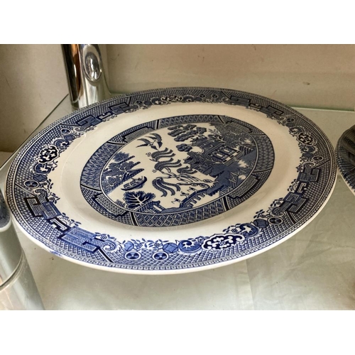 19 - 3 blue and white meat platters and a Wedgwood Tureen etc