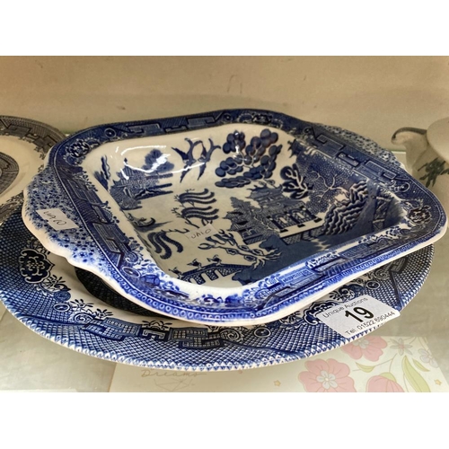 19 - 3 blue and white meat platters and a Wedgwood Tureen etc