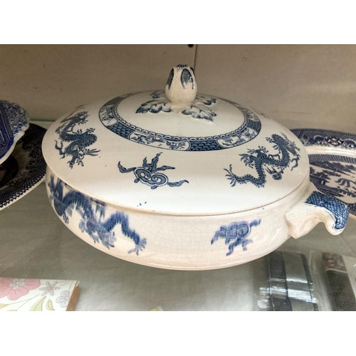 19 - 3 blue and white meat platters and a Wedgwood Tureen etc