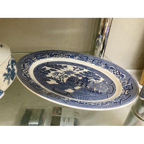 19 - 3 blue and white meat platters and a Wedgwood Tureen etc