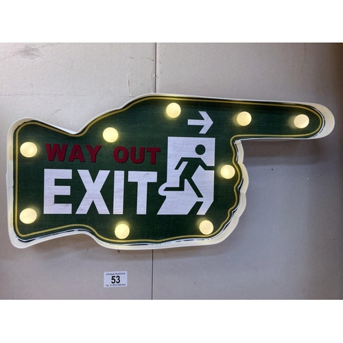 53 - A retro way out exit illuminating finger sign 50 x 25 x 5cm