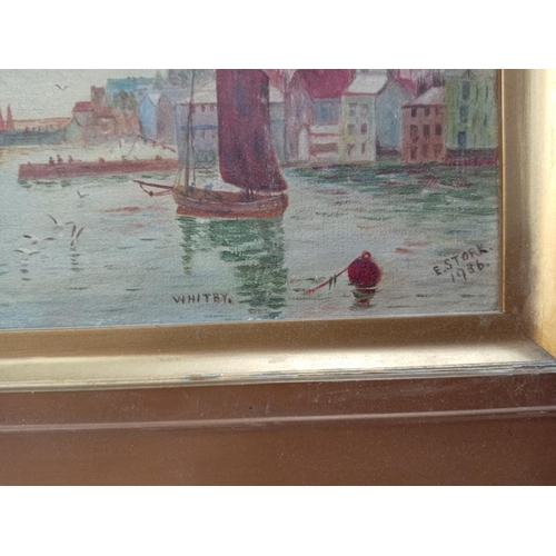 83 - A framed oil on canvas Whitby scene E.Stork 1936