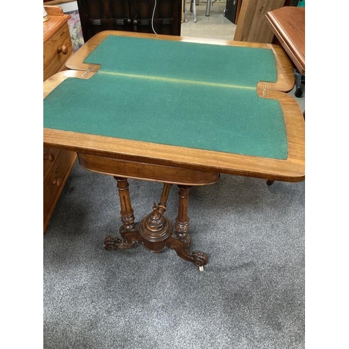 258 - A walnut inlaid card table in style of hall/console table twin pedestals with carved detail and cent... 