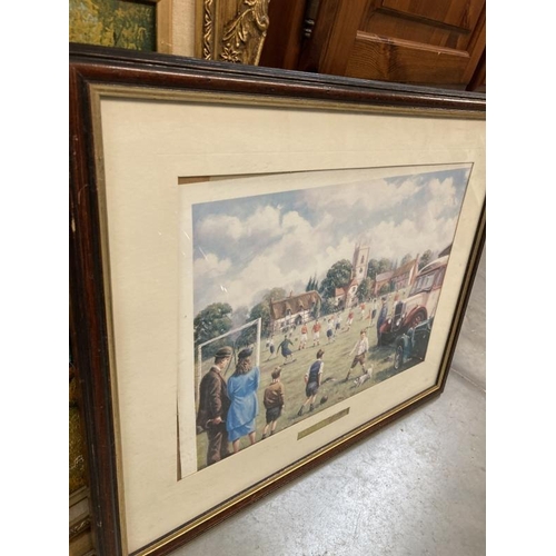 278 - An ornate framed oil on canvas landscape painting and two vintage style sporting prints. COLLECT ONL... 