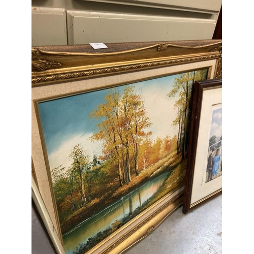 278 - An ornate framed oil on canvas landscape painting and two vintage style sporting prints. COLLECT ONL... 