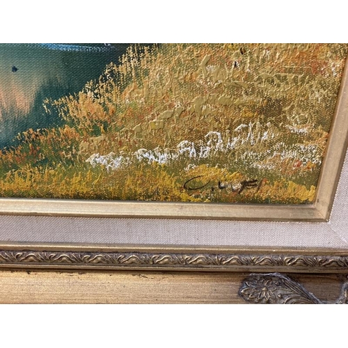 278 - An ornate framed oil on canvas landscape painting and two vintage style sporting prints. COLLECT ONL... 