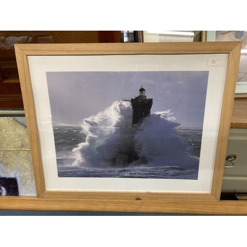 281 - 4 photographic prints featuring a battleship and three lighthouses. COLLECT ONLY