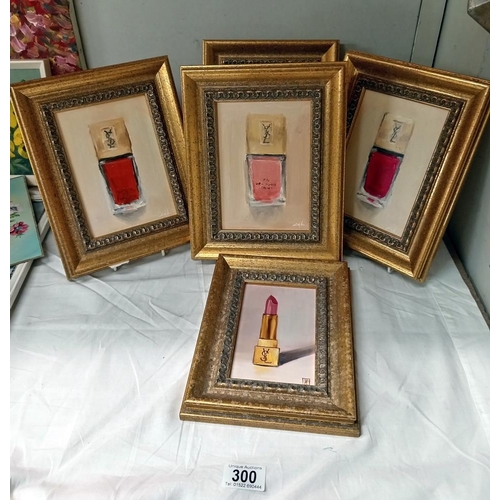 300 - 5 Gilt framed paintings on board still life of ladies cosmetics