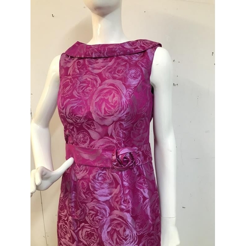 2036 - Fuchsia Rose print cocktail dress. New with wrap and rose embellishment rose Size 10. Designer Veni ... 