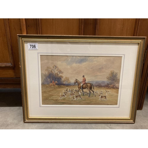 706 - A framed and glazed hunting scene watercolour signed J Allen, COLLECT ONLY.