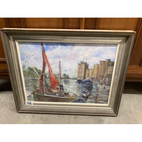 708 - A good oil on board painting of a castle by a lake signed J M Stone?, COLLECT ONLY