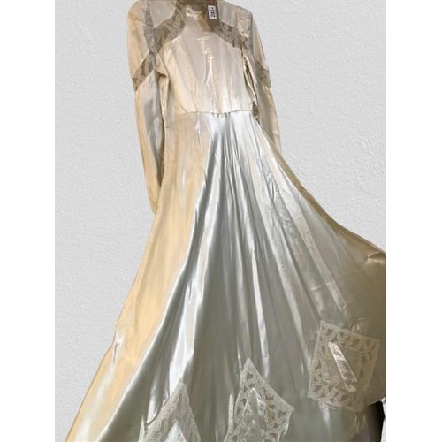 2084 - An original true vintage full length wedding dress, circa 1940's. cream silk satin with lace panel i... 