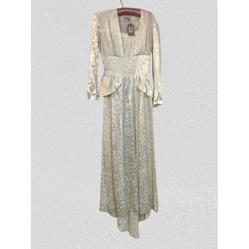 2086 - An original true vintage wedding dress, full length, circa 1940's 1950's in floral embossed silk, de... 