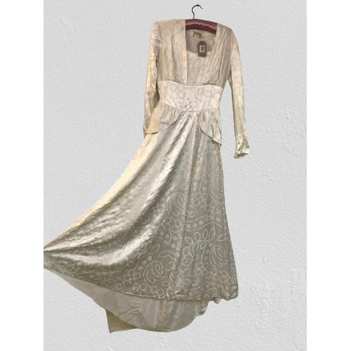 2086 - An original true vintage wedding dress, full length, circa 1940's 1950's in floral embossed silk, de... 