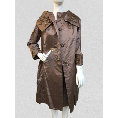 2088 - A vintage 1950's couture bronze silk handmade, hand beaded cape style coat, matching dress never bee... 