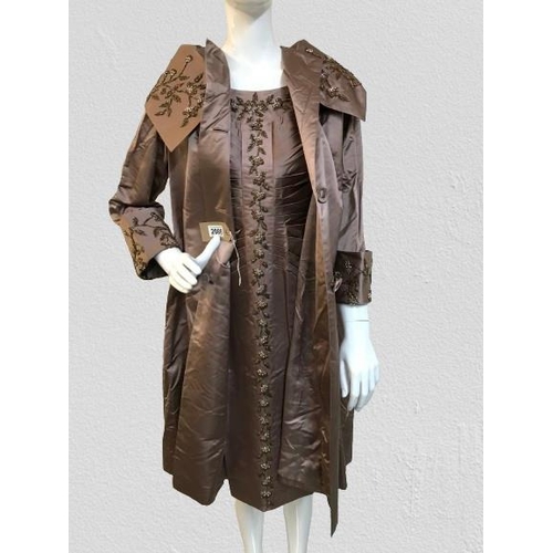 2088 - A vintage 1950's couture bronze silk handmade, hand beaded cape style coat, matching dress never bee... 