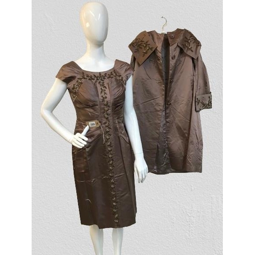 2088 - A vintage 1950's couture bronze silk handmade, hand beaded cape style coat, matching dress never bee... 