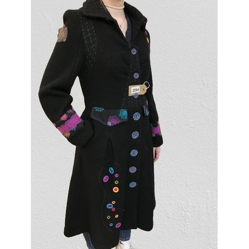 2094 - Designer all beautiful full length wool blend coat, embroidered to front and back, size 38/10